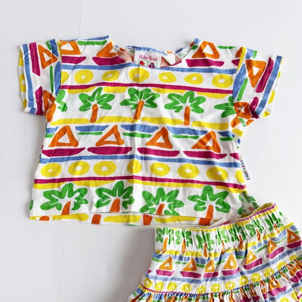 [Vintage] 80s Tropical Pop Art Geometric Matching Set Shirt Skirt Girls Size 4-5